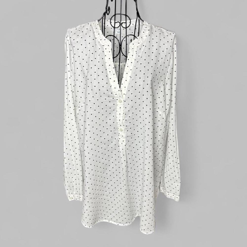 Old Navy Women's Large 100% Cotton White Black Polka Dot Split-Neck Tunic Blouse